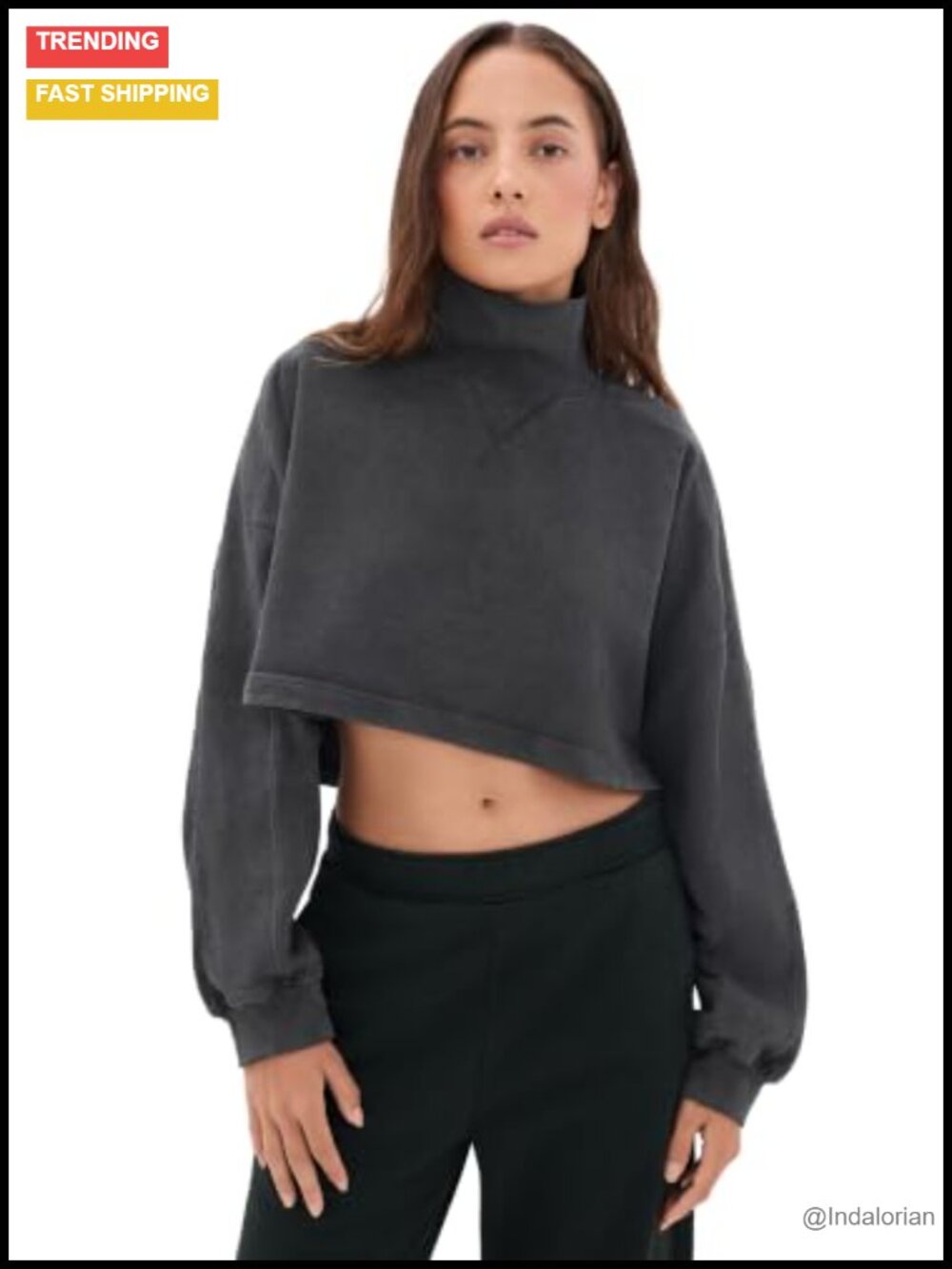 Cotton Blend Mock Neck Pullover Cropped Slouchy Sweater